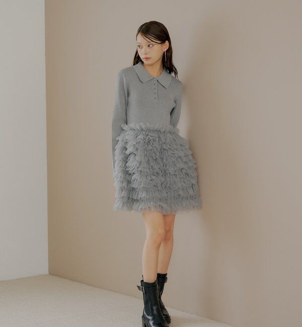  「【SALON by Chico】フリルティアード襟付きミニワンピース」|ワンピース|