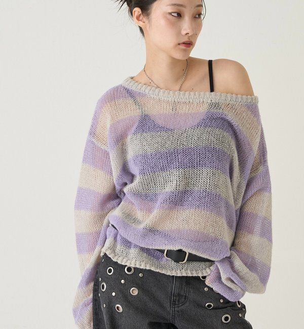 「ワイドボーダーメッシュニット」|ニット・セーター|グレー