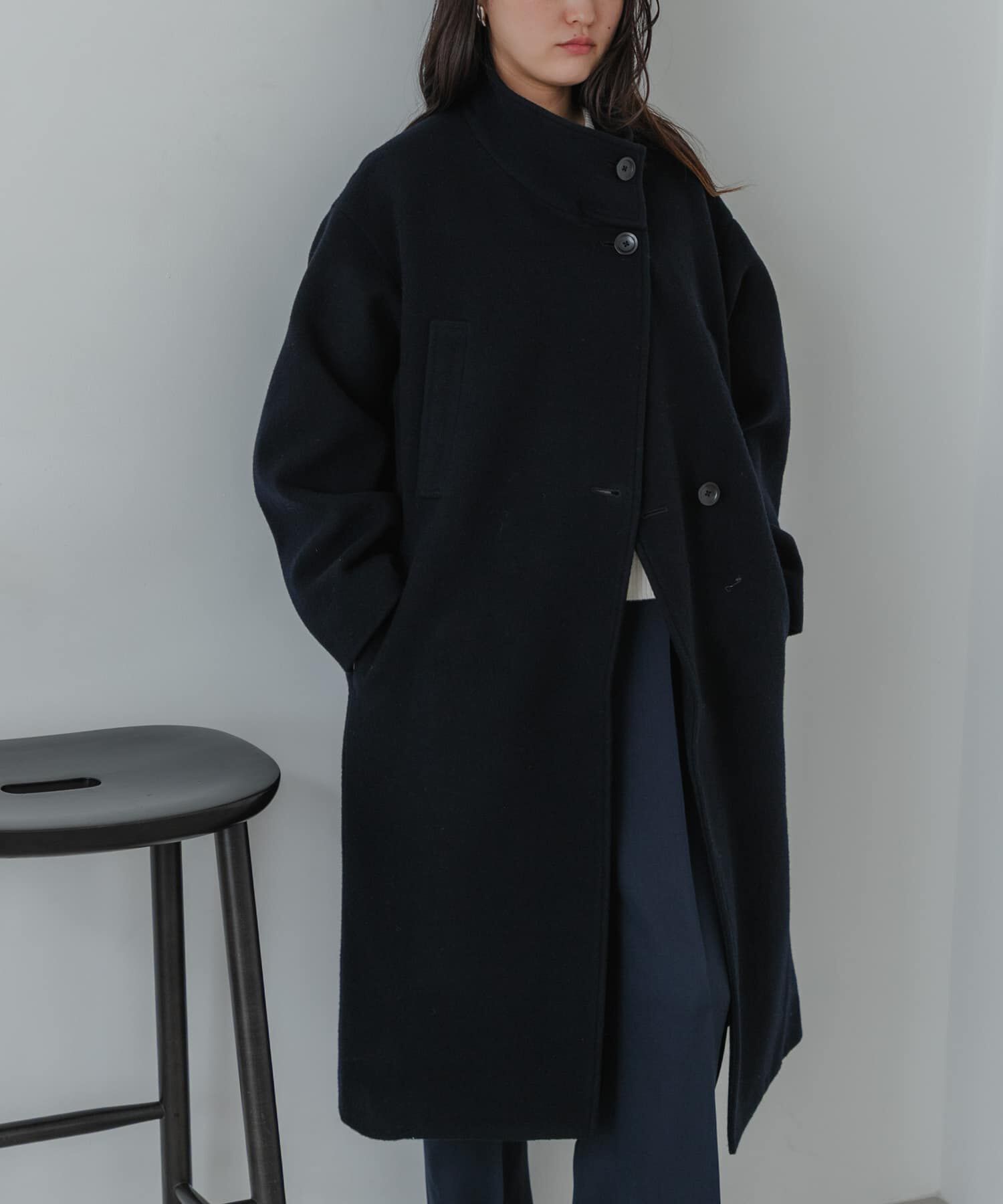 URBAN RESEARCH「スーパー100ウールスタンドカラーコート」|ノーカラーコート|ネイビー