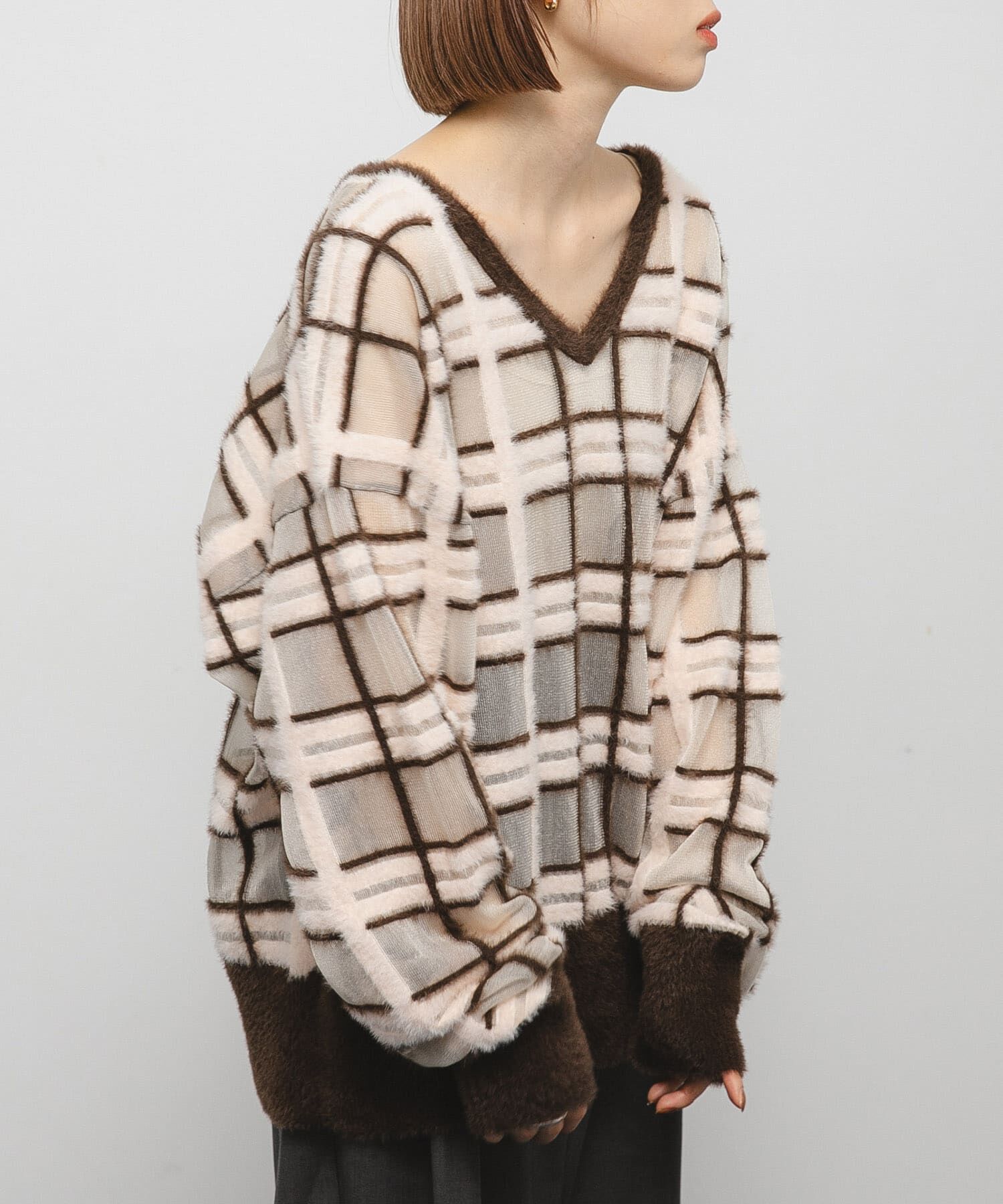  「シアーチェックフェザーニット」|ニット・セーター|ブラウン系その他