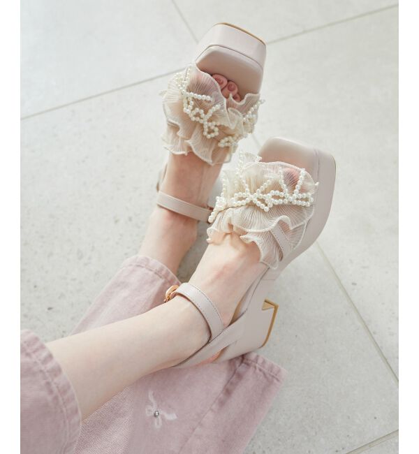  「☆パールリボンフリルボリュームサンダル」|サンダル|