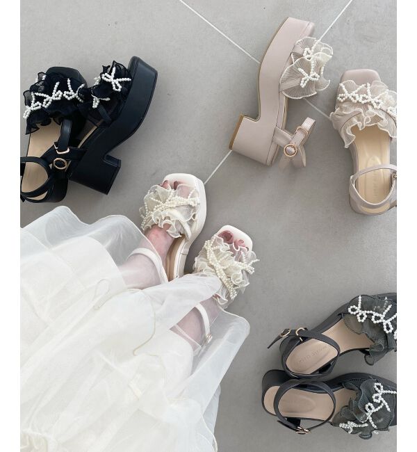 「☆パールリボンフリルボリュームサンダル」|サンダル|