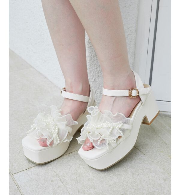  「☆パールリボンフリルボリュームサンダル」|サンダル|