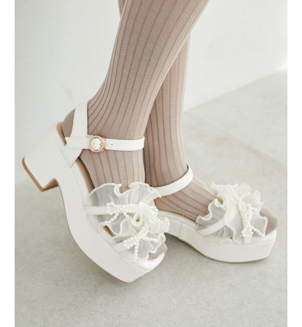  「☆パールリボンフリルボリュームサンダル」|サンダル|