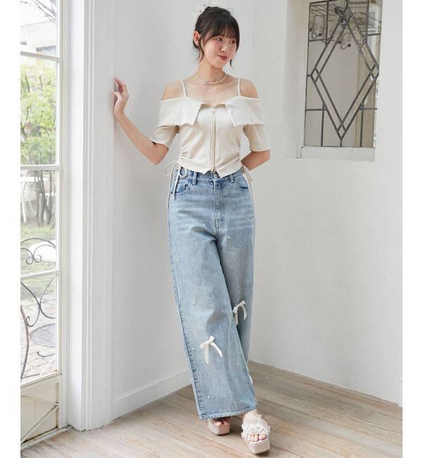  「オフショルダブルジップトップス」|Tシャツ・カットソー|