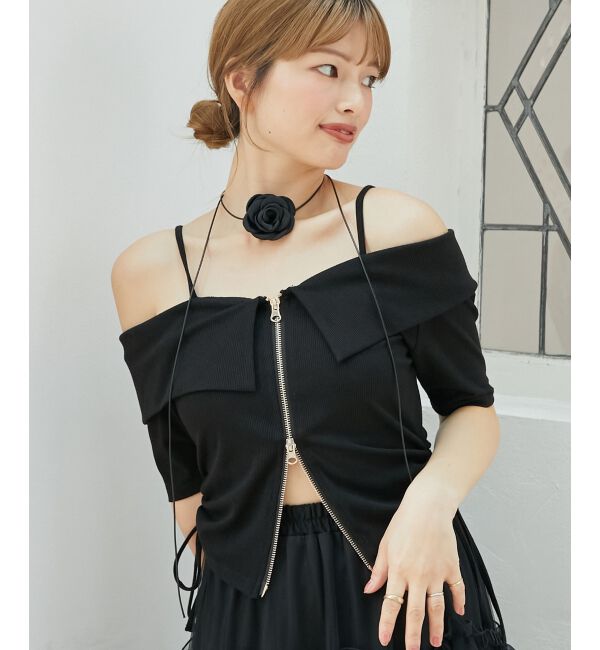  「オフショルダブルジップトップス」|Tシャツ・カットソー|