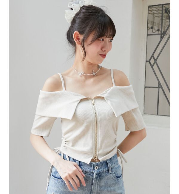  「オフショルダブルジップトップス」|Tシャツ・カットソー|