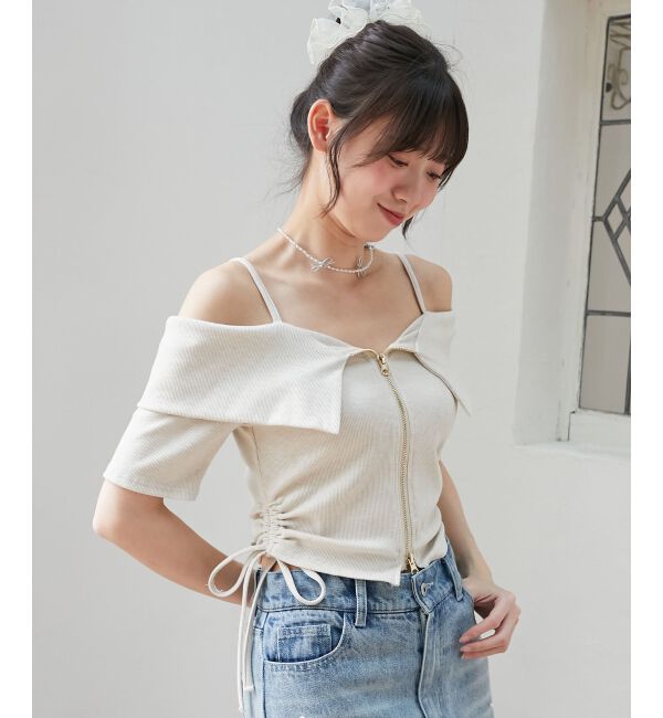  「オフショルダブルジップトップス」|Tシャツ・カットソー|