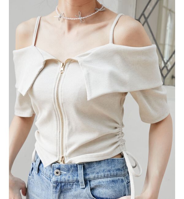  「オフショルダブルジップトップス」|Tシャツ・カットソー|