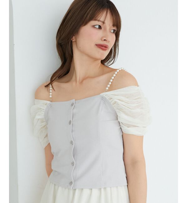  「パールチェーン異素材トップス」|Tシャツ・カットソー|