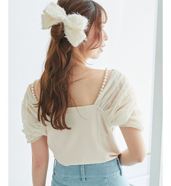  「パールチェーン異素材トップス」|Tシャツ・カットソー|