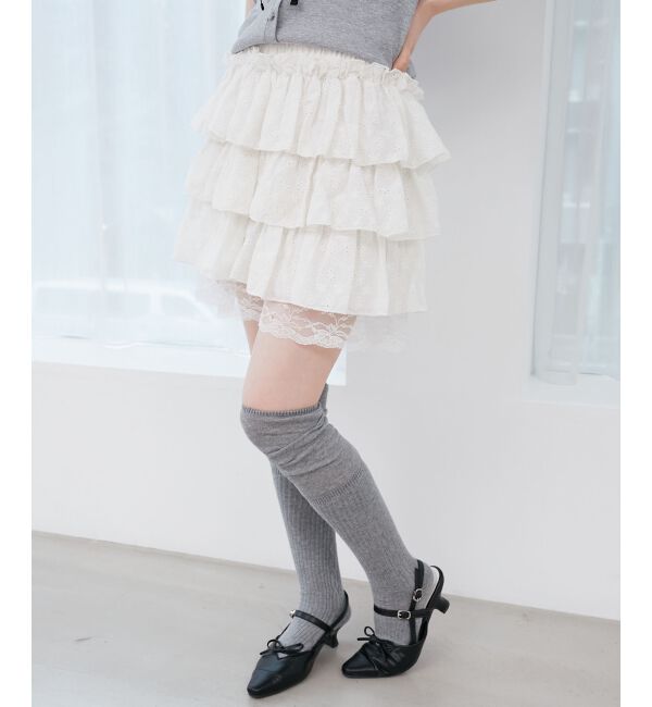  「ウエストリブ裾レースフリルミニスカート」|スカート|