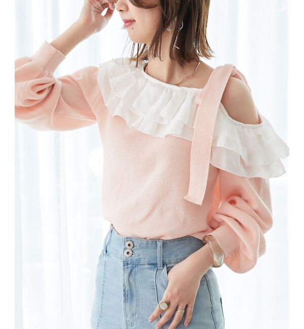 「フリルワンショル肩リボンニット」|ニット・セーター|