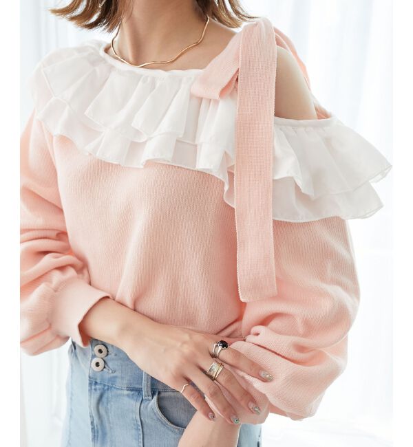  「フリルワンショル肩リボンニット」|ニット・セーター|