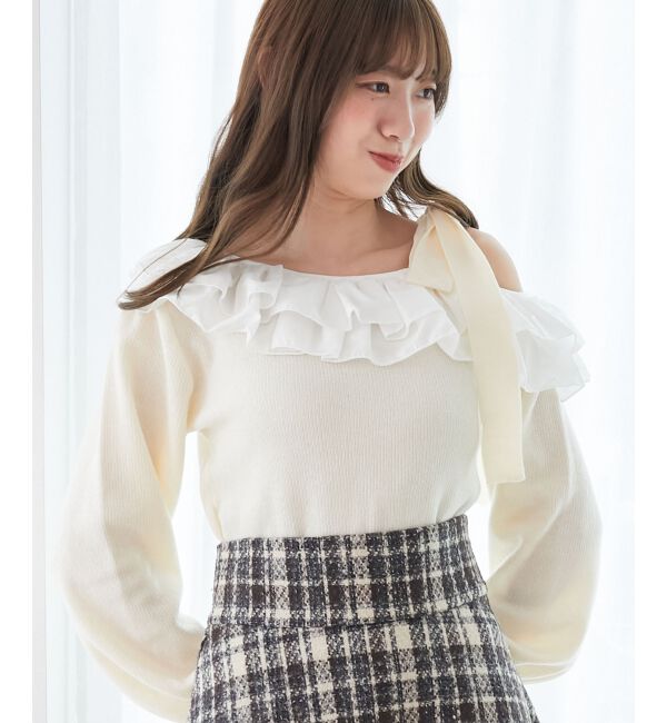  「フリルワンショル肩リボンニット」|ニット・セーター|