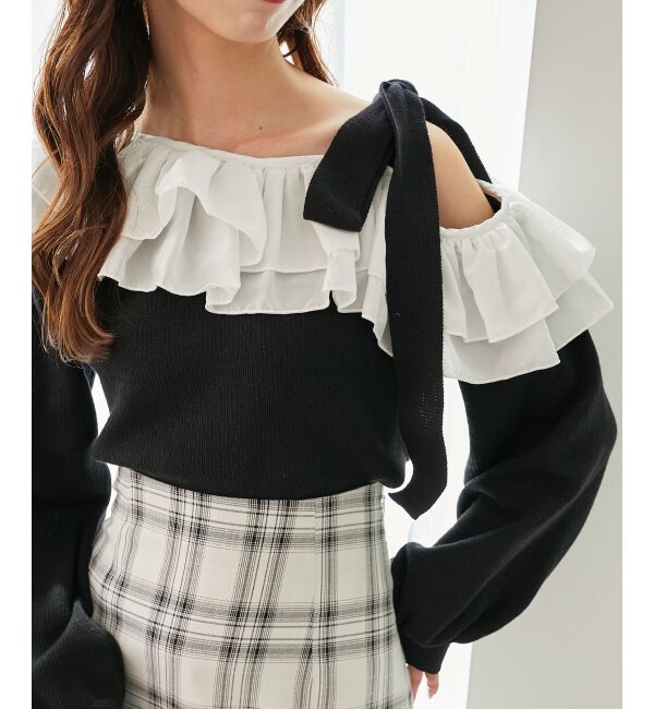  「フリルワンショル肩リボンニット」|ニット・セーター|ブラック
