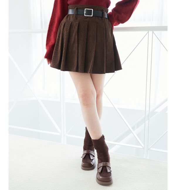  「ベルトセットプリーツミニスカパン」|スカート|ブラウン