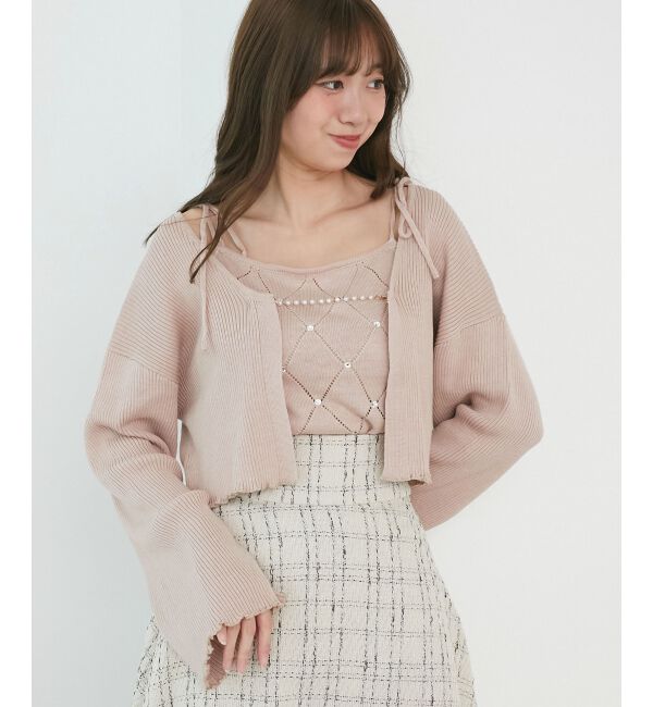  「ダイヤ柄ビジューキャミセットカーデ」|カーディガン|ピンク