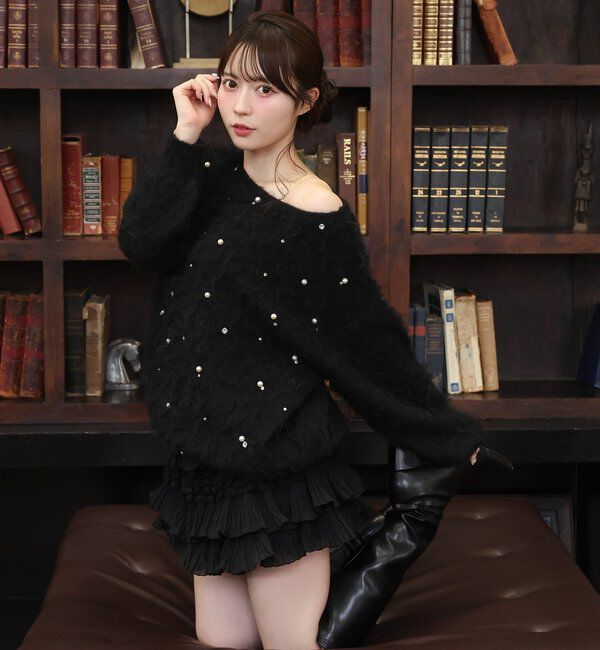  「ビジューシャギーニット」|ニット・セーター|ブラック