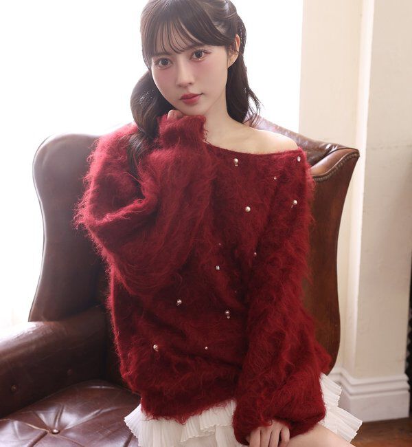  「ビジューシャギーニット」|ニット・セーター|レッド