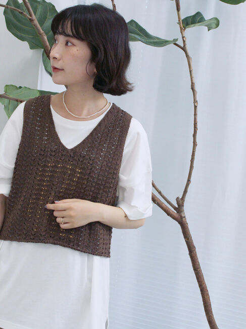 Samansa Mos2 blue「テープヤーン透かしニットベスト」|ニット・セーター|