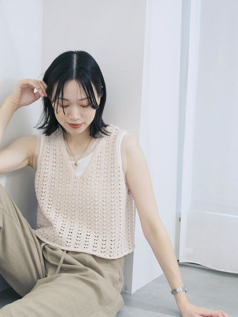 Samansa Mos2 blue「テープヤーン透かしニットベスト」|ニット・セーター|