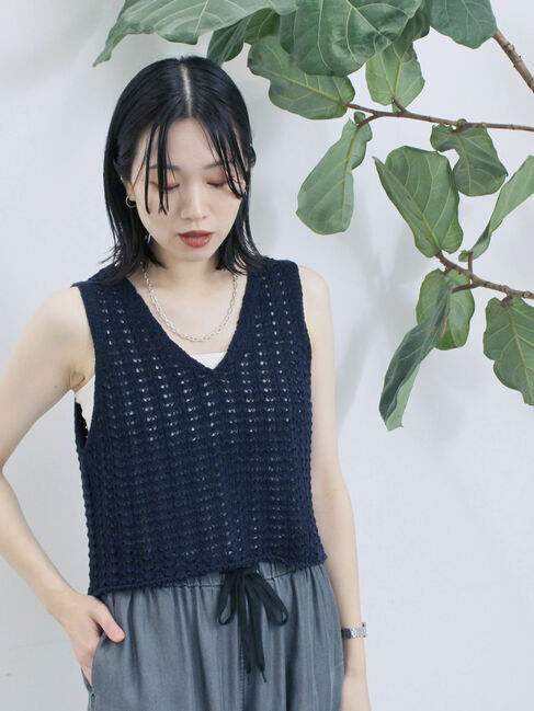 Samansa Mos2 blue「テープヤーン透かしニットベスト」|ニット・セーター|