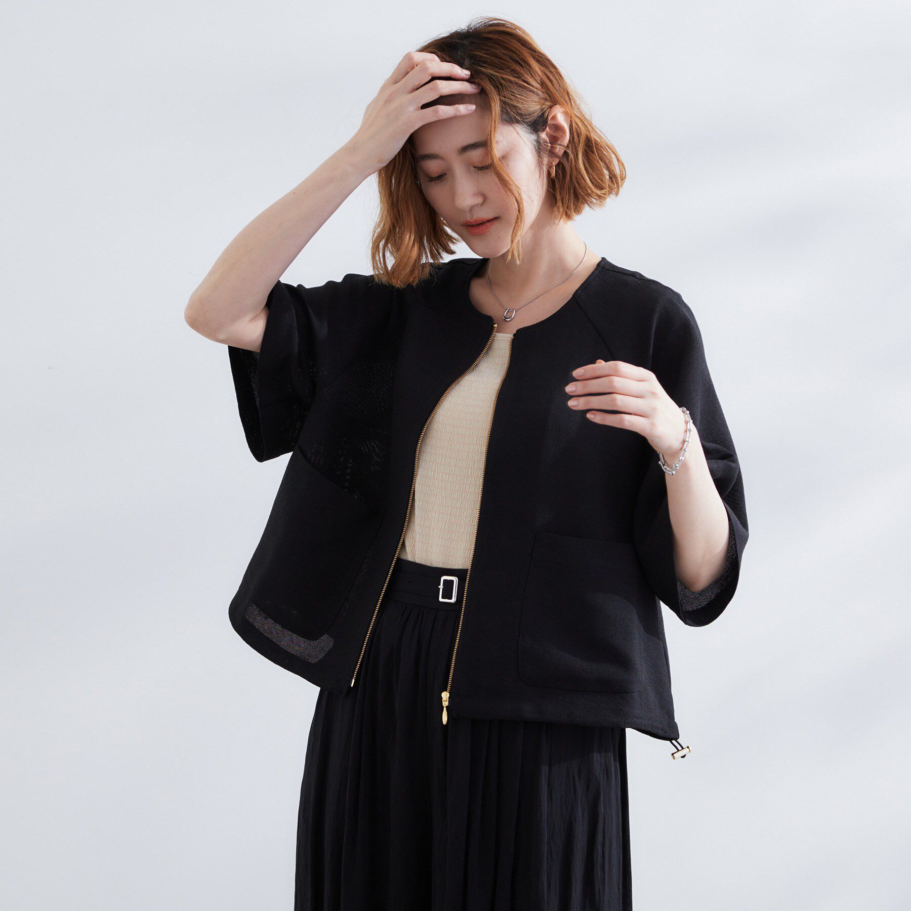 grove「透け感と立体感で魅せる、大人の夏のメッシュワイドスリーブジャケット」|ノーカラージャケット|