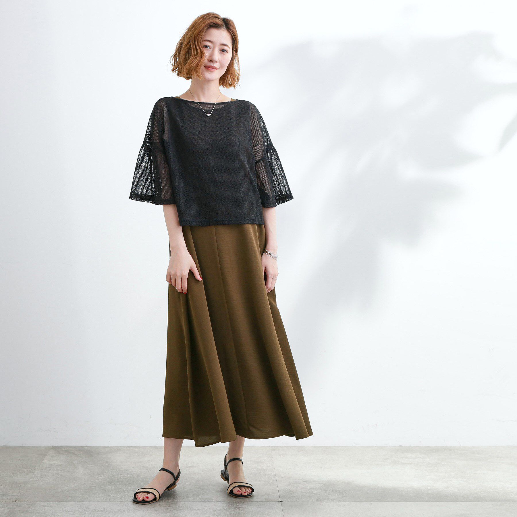 grove「着回し◎夏に嬉しいSET　メッシュブラウス&times;フレアワンピース」|ワンピース|ブラック(519)