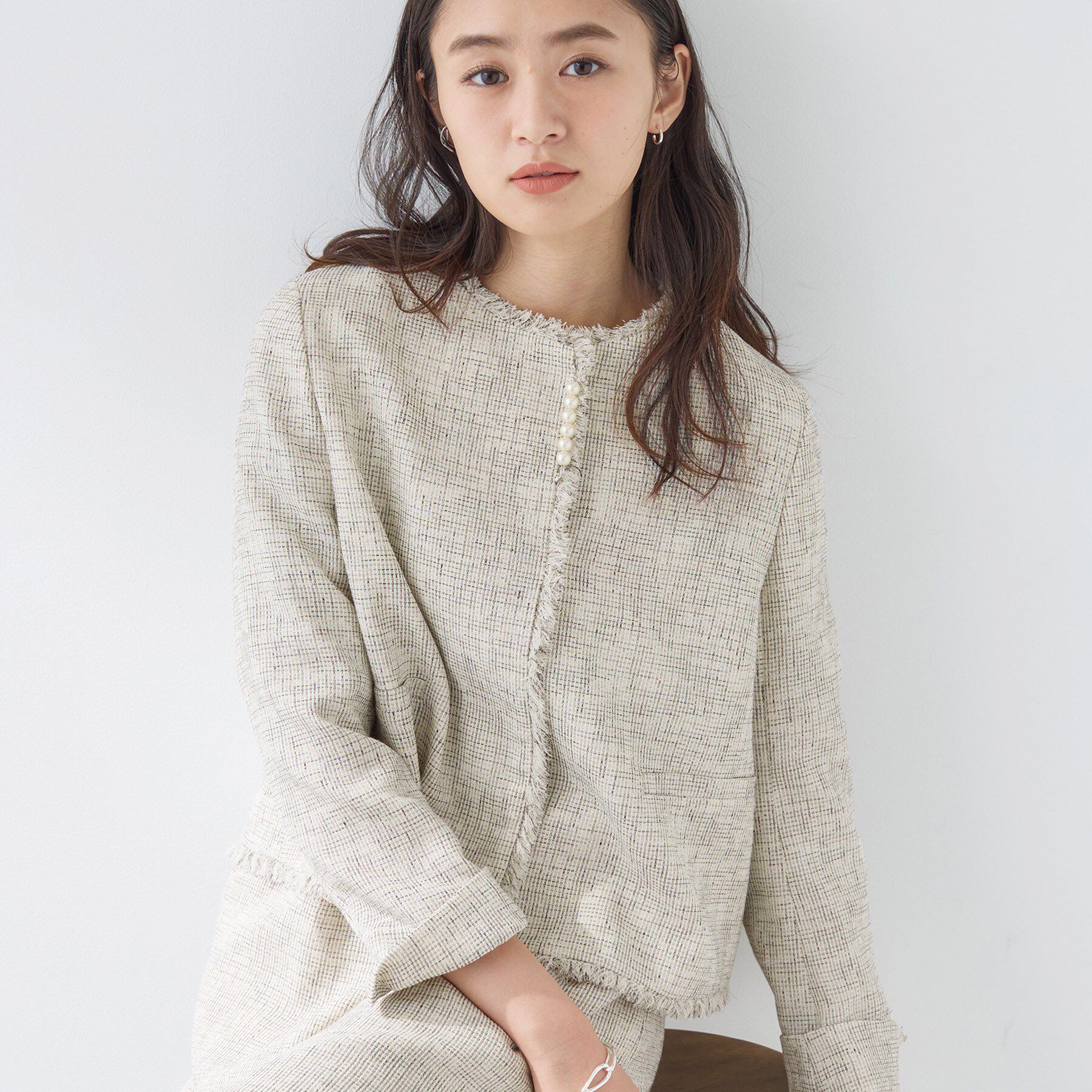 INDIVI「【軽量／セレモニー／SETUP可能】ストレッチツイードジャケット」|ノーカラージャケット|