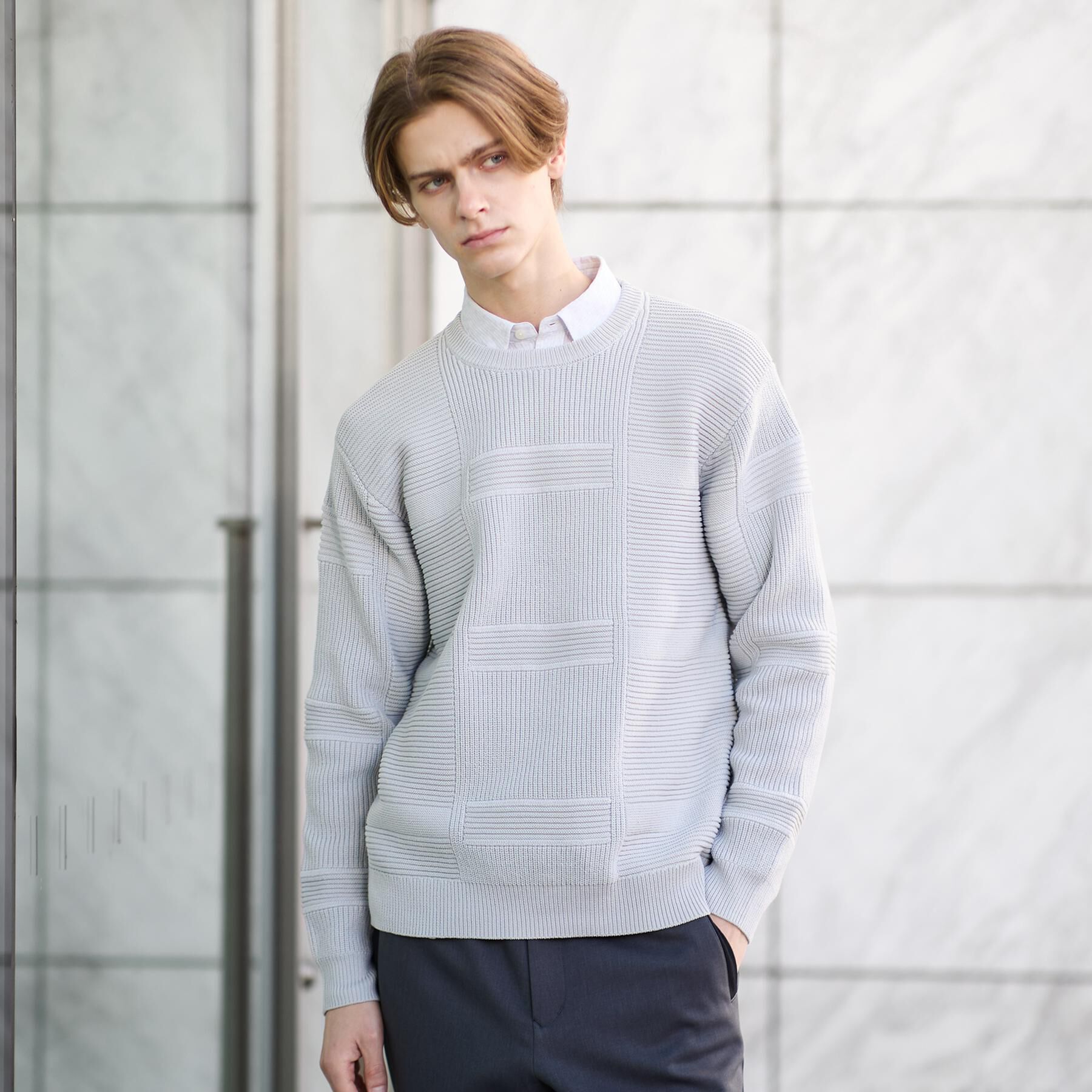 TAKEO KIKUCHI「畦編みチェック プルオーバーニット」|ニット・セーター|ライトグレー(011