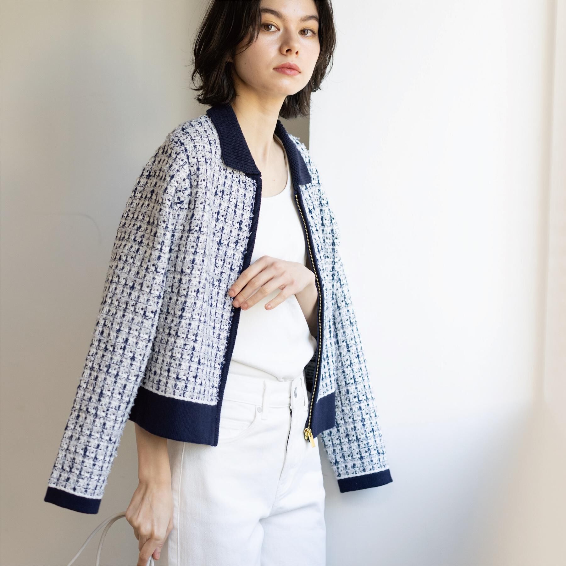 OPAQUE.CLIP「ツイードライクZIPニットカーディガン」|カーディガン|