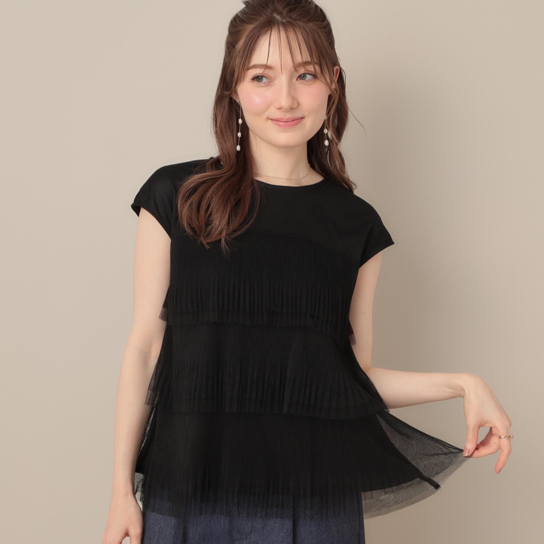 Couture broach「【マシンウォッシャブル・大人可愛い】チュールプリーツチュニック」|Tシャツ・カットソー|ブラック(019)