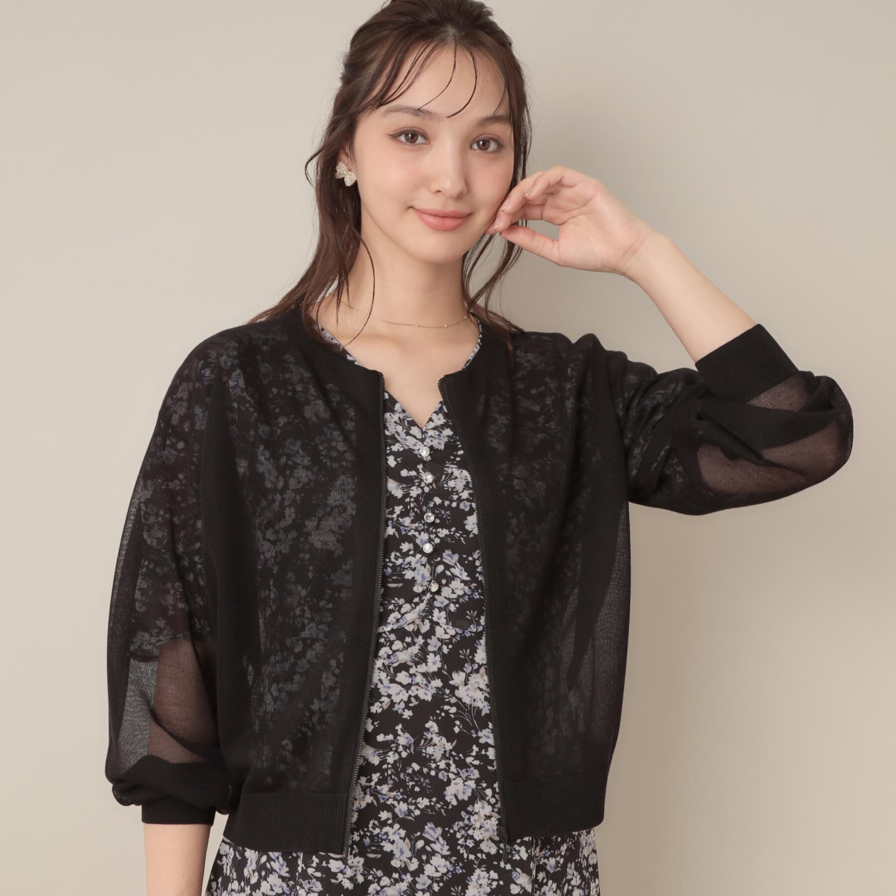 Couture broach「LEVITAシアージップアップブルゾン」|カーディガン|ブラック(019)