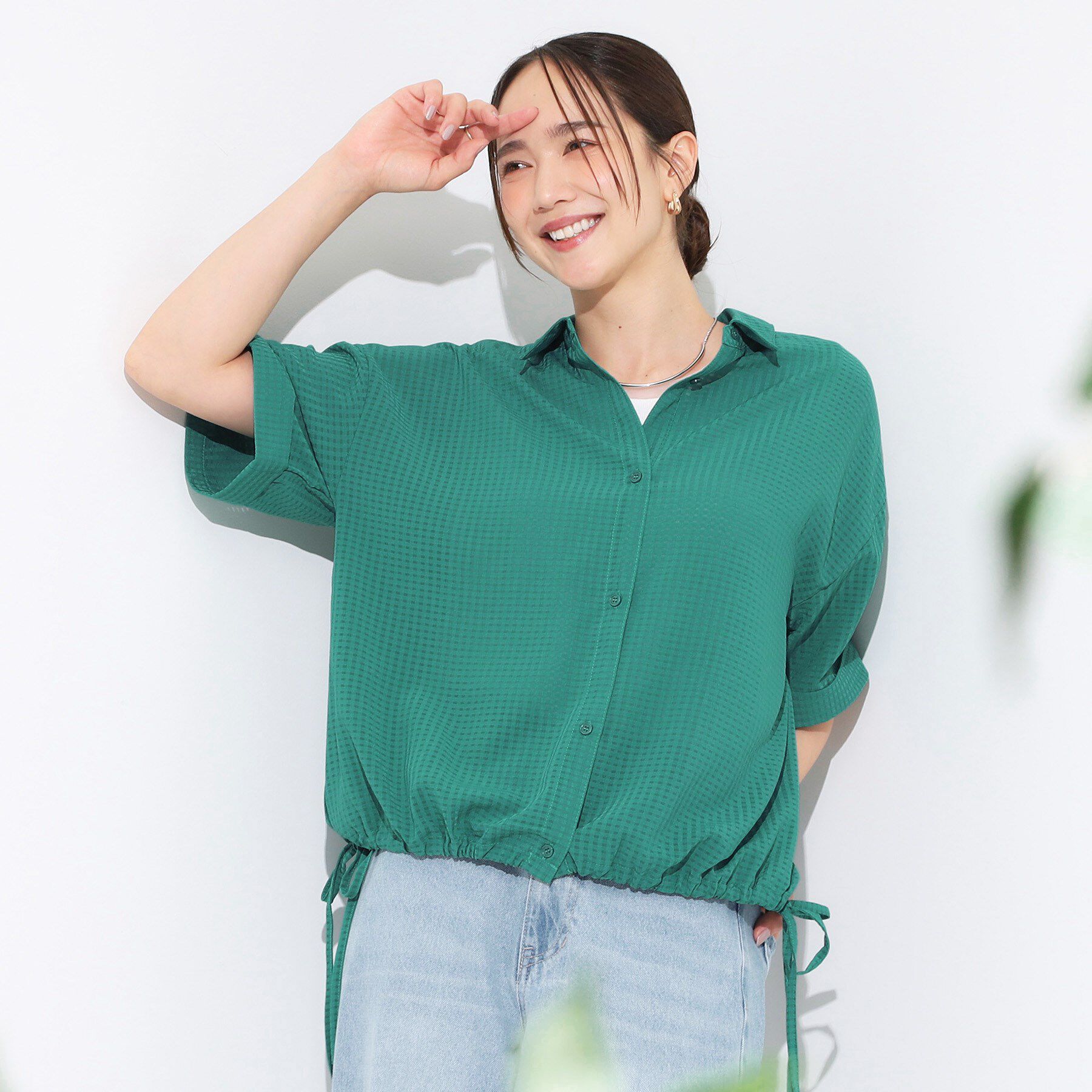 SHOO･LA･RUE「シルエット変化を楽しめる シアーチェックドロストシャツ」|シャツ・ブラウス|