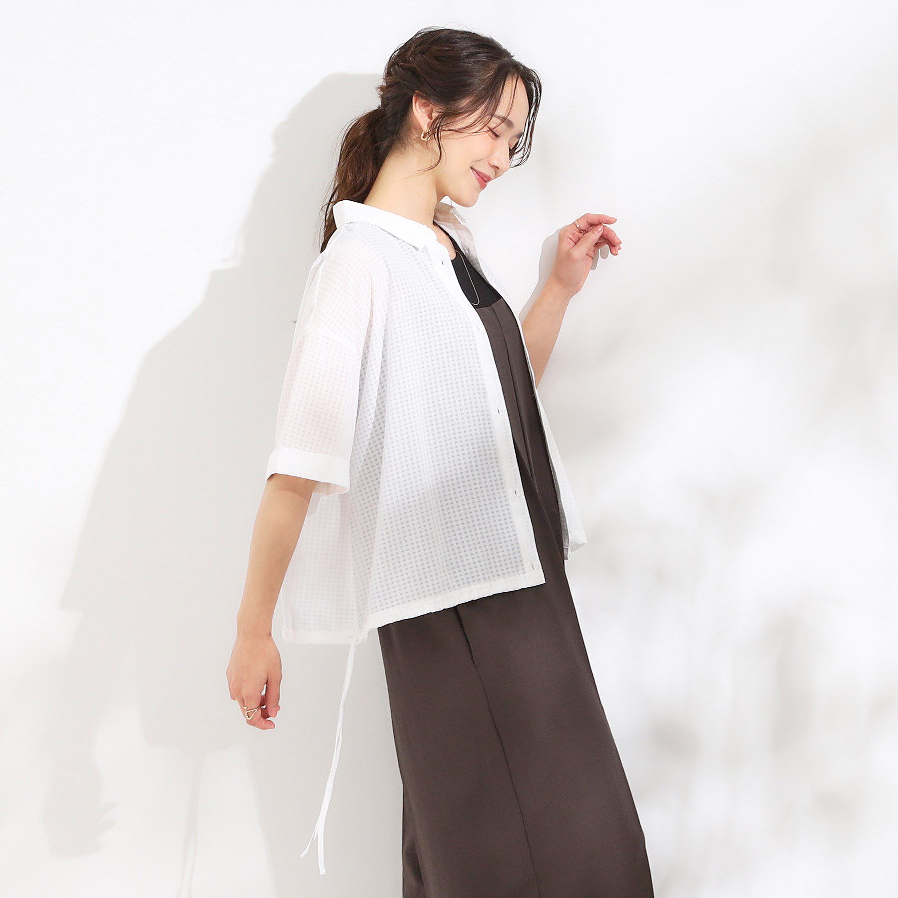 SHOO･LA･RUE「シルエット変化を楽しめる シアーチェックドロストシャツ」|シャツ・ブラウス|