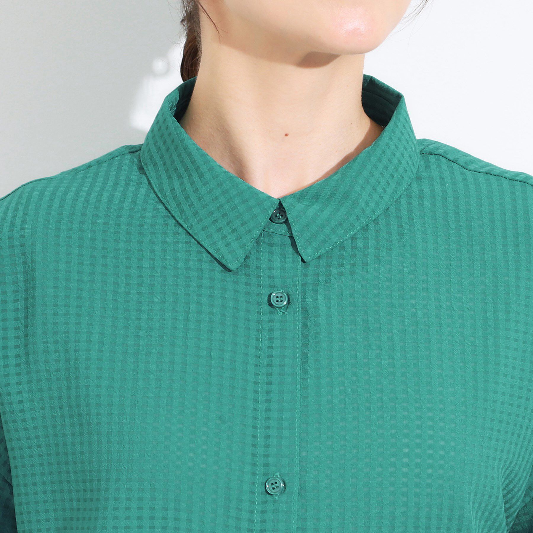 SHOO･LA･RUE「シルエット変化を楽しめる シアーチェックドロストシャツ」|シャツ・ブラウス|