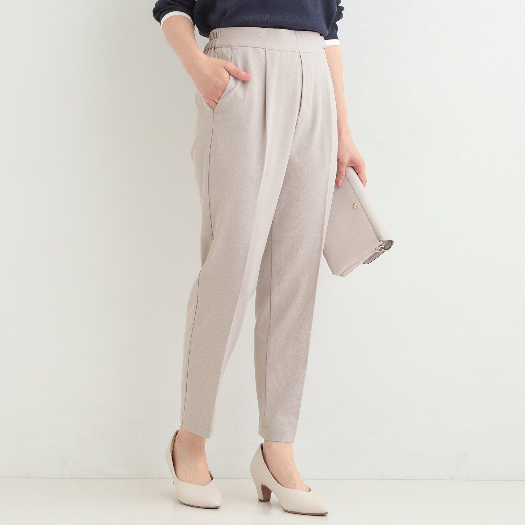 SHOO･LA･RUE「【洗濯機可/S-LL】ベルト風デザインがアクセント きれい見えテーパードパンツ」|その他|グレージュ(050)