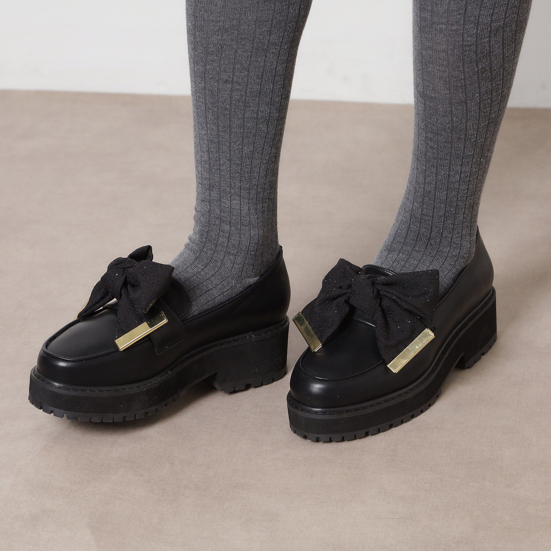 ESPERANZA「晴雨兼用リボン厚底ローファー」|パンプス|ブラック(019)