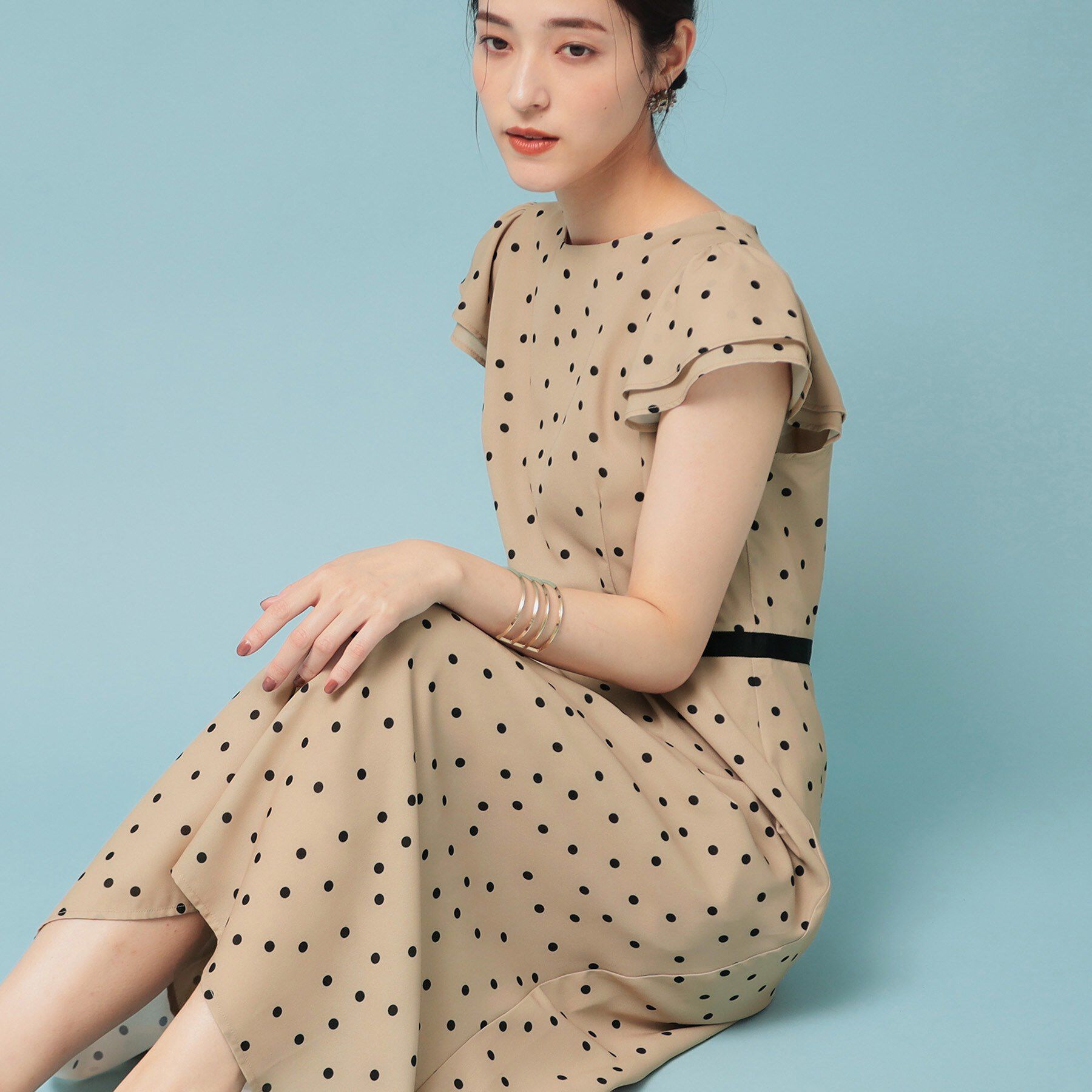 SunaUna「【袖ラッフル／S～L】ドットワンピース」|ワンピース|ベージュ(152)