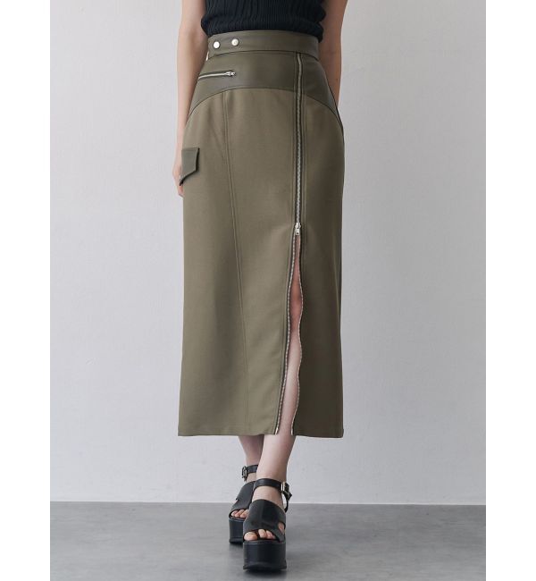 MURUA「スリットナローレザースカート」|スカート|カーキ