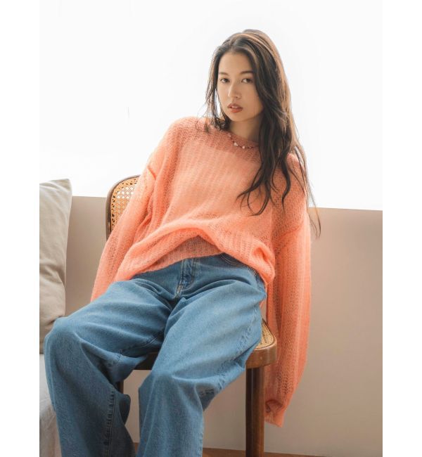 Ungrid「アルパカ混透かし編みニット」|ニット・セーター|サーモンピンク