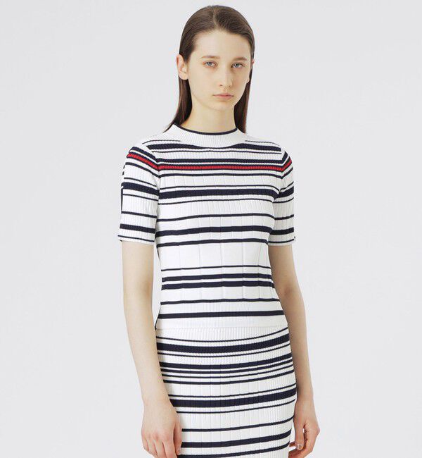  「【手洗い可】ボーダー2フェイスハーフスリーブニット」|ニット・セーター|ネイビー