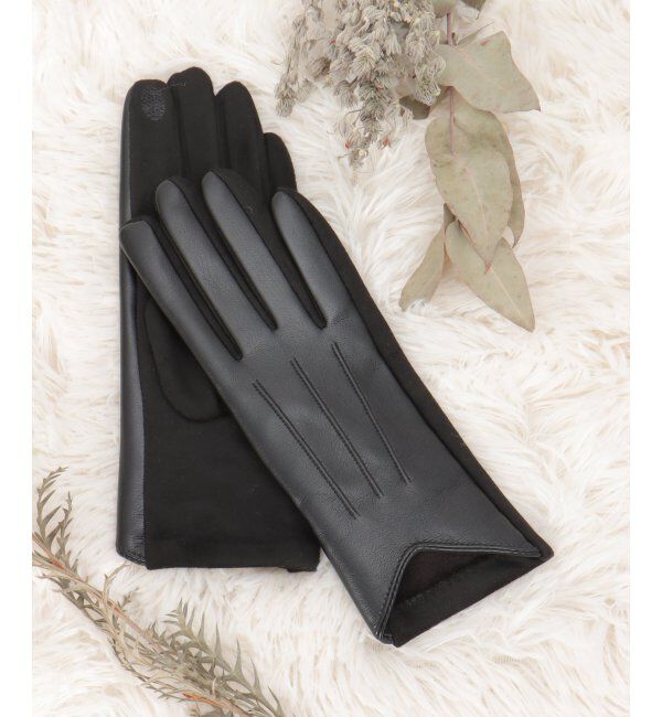 ikka「エコレザーライン入りグローブ」|手袋|ブラック