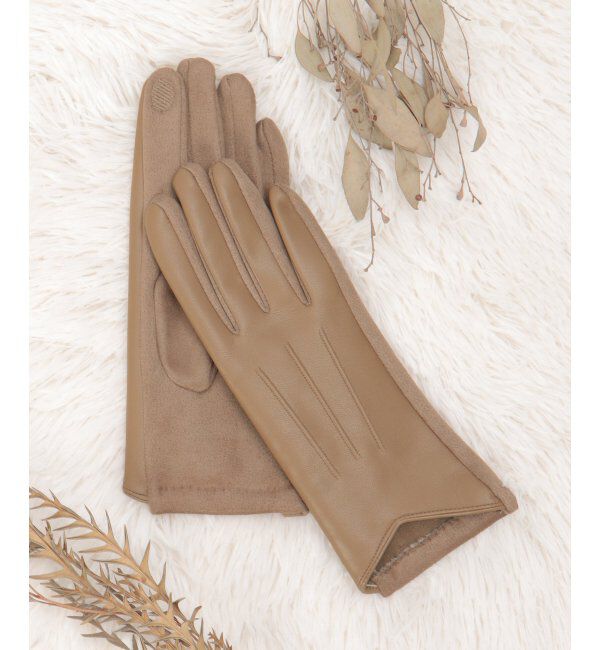 ikka「エコレザーライン入りグローブ」|手袋|モカ