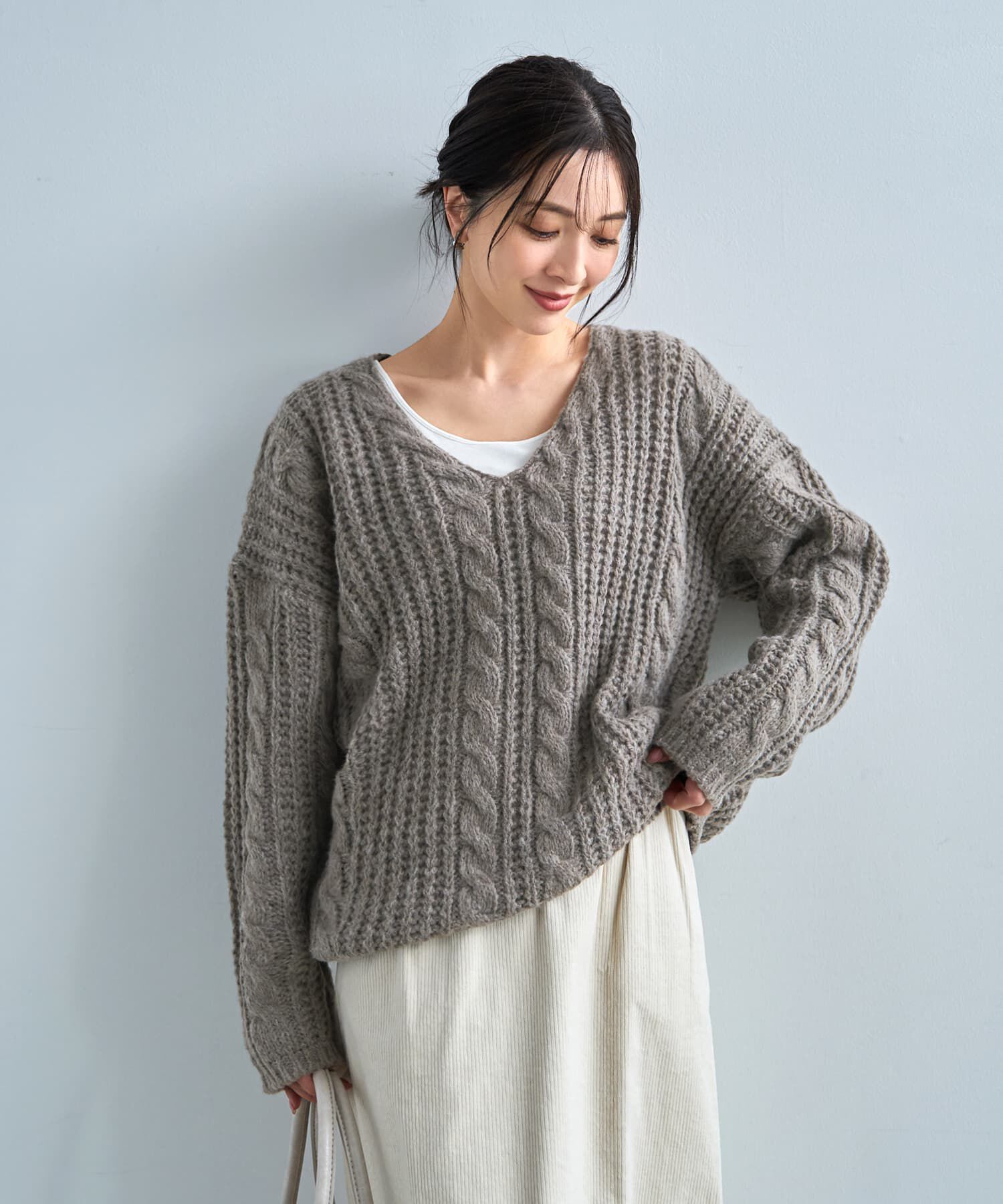 STYLE DELI「ざっくりケーブル編みVネックニット」|ニット・セーター|モカグレー