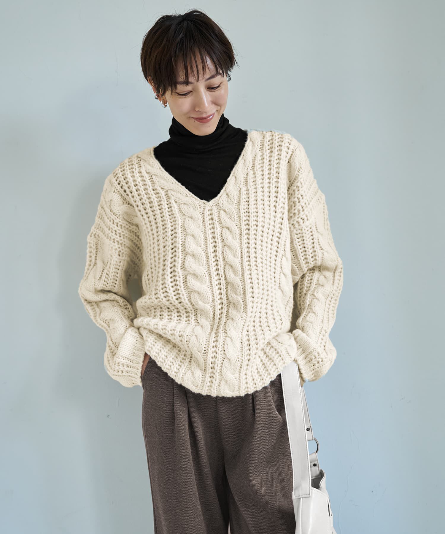 STYLE DELI「ざっくりケーブル編みVネックニット」|ニット・セーター|
