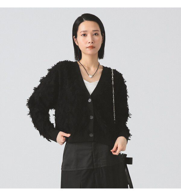 Ray BEAMS 「カット ジャカード フリンジ Vネック カーディガン」|カーディガン|