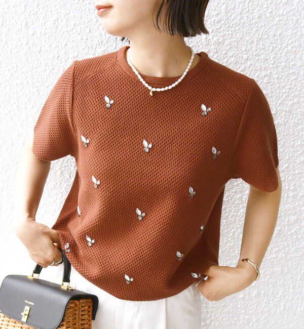 SHIPS for women「【WEB限定】〈手洗い可能〉ハイツイスト コットン ビジュー カノコ ニット」|プルオーバー|ブラウン