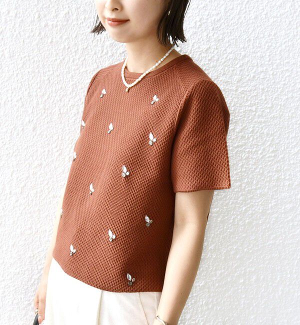 SHIPS for women「【WEB限定】〈手洗い可能〉ハイツイスト コットン ビジュー カノコ ニット」|プルオーバー|